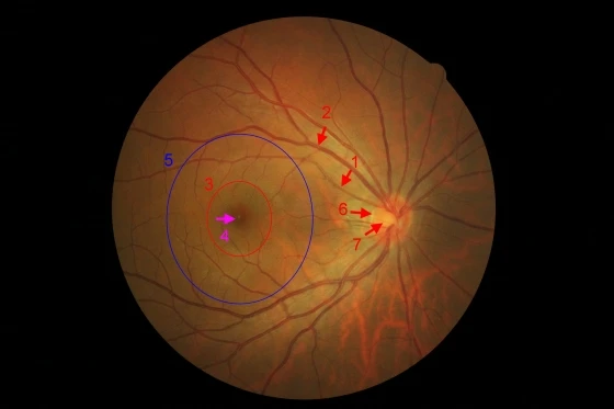 1.視網膜動脈 2.視網膜靜脈 3.視網膜中央凹 4.視網膜中央小凹 5.黃斑部 6.視神經盤 7.視神經杯